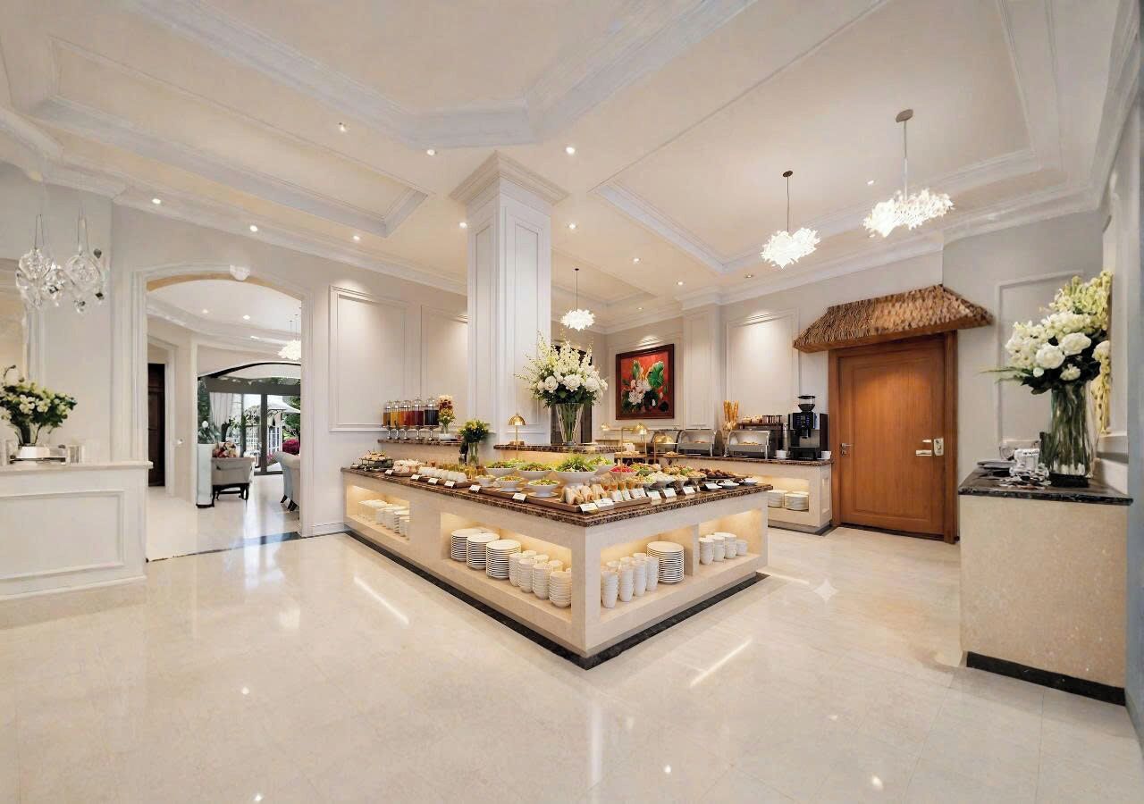 Un amplio vestíbulo de hotel con una zona de buffet central, una recepción y una gran puerta de madera.