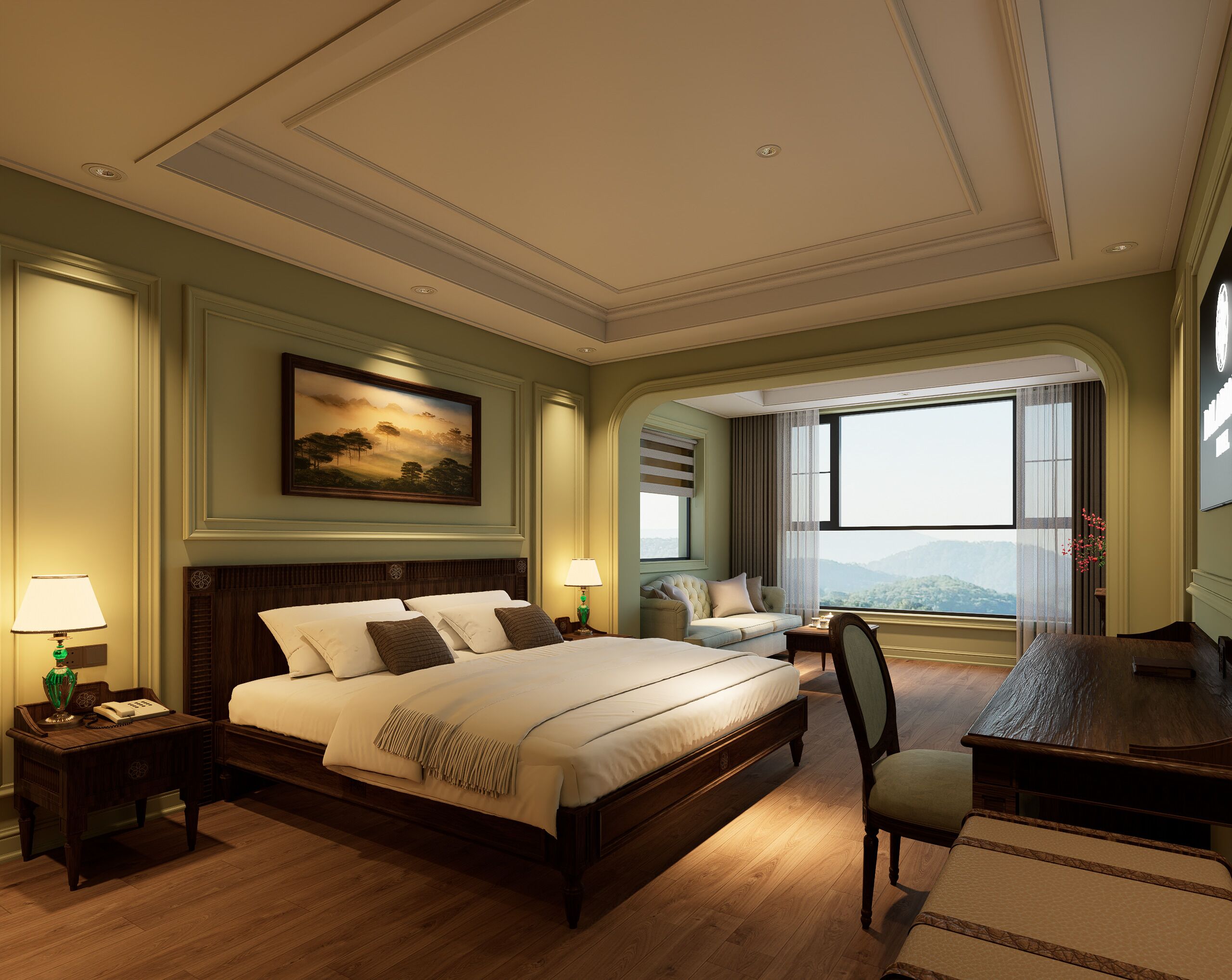 A hotel room with a large bed, a desk, a chair, a painting on the wall, and a view of the mountains.