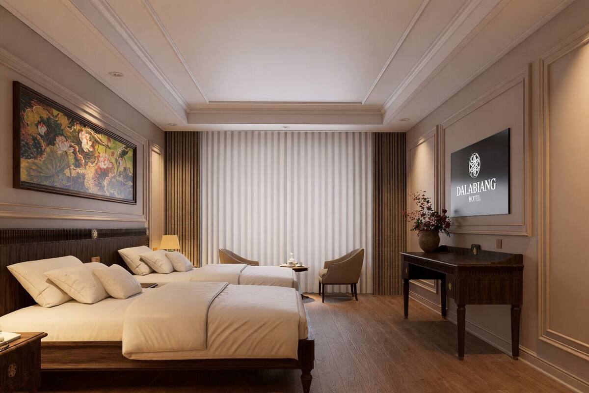 A hotel room with two beds, a desk, a chair, a painting, and a sign for the Dalabiang Hotel.