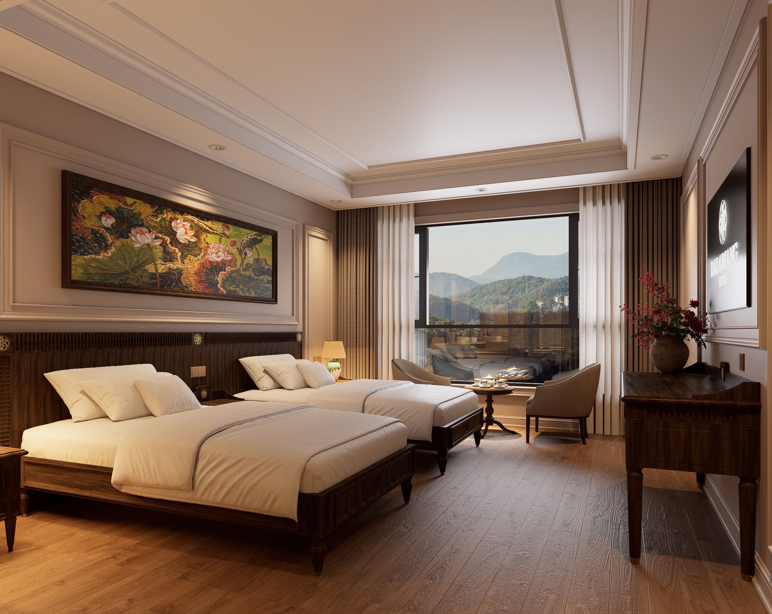 A hotel room with a large bed, a smaller bed, a desk, a chair, and a large window with a view of mountains.