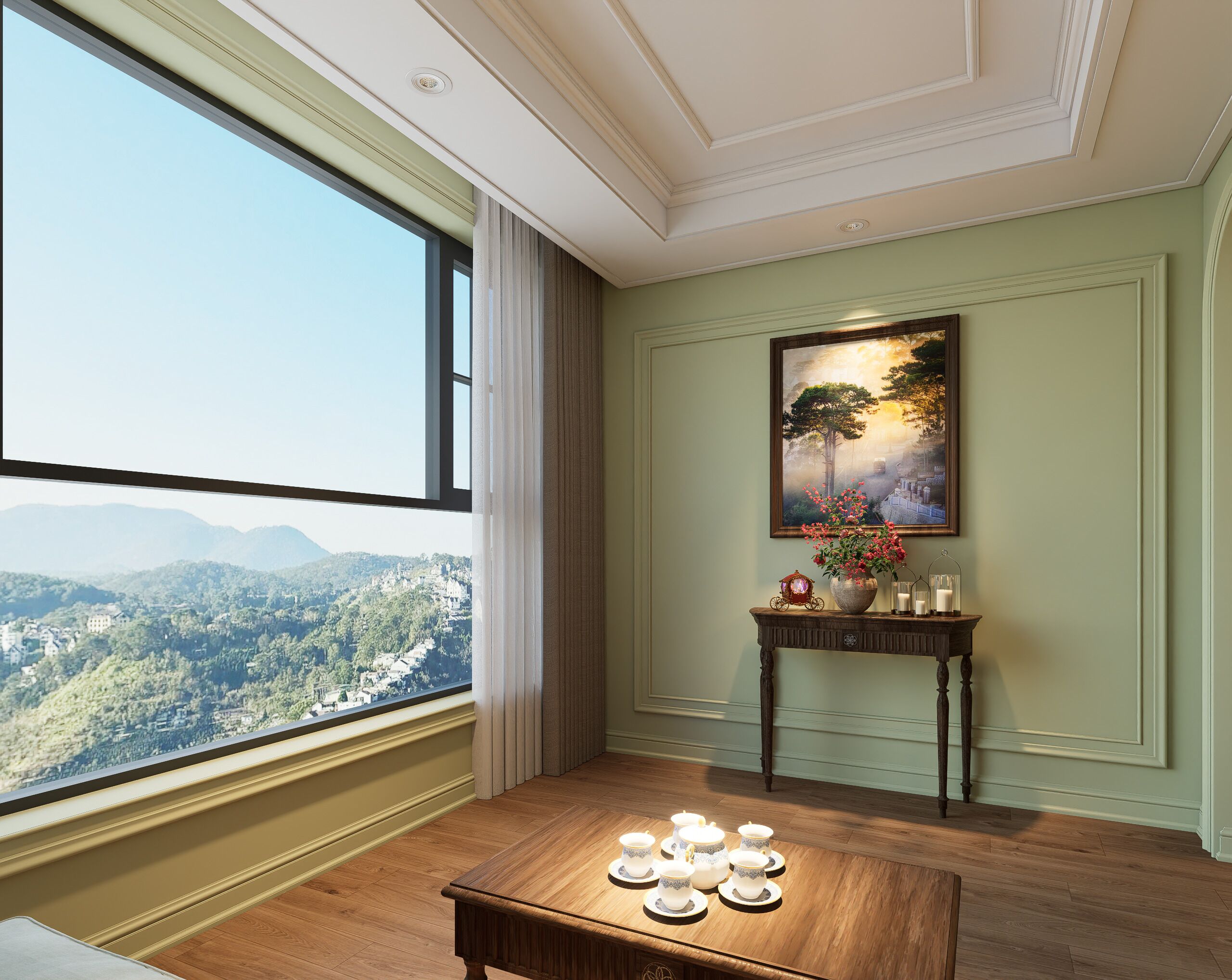 A room with a large window, a wooden table with teacups, a console table with a vase and candles, and a painting on the wall.