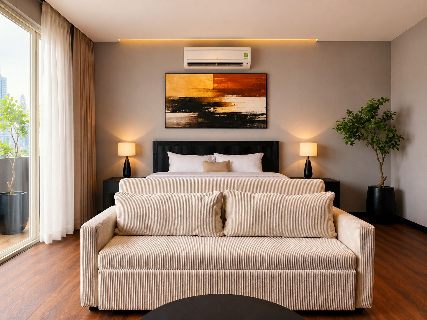 Une chambre d’hôtel avec un lit, des lampes de chevet, un tableau, une plante en pot et une vue sur la ville.