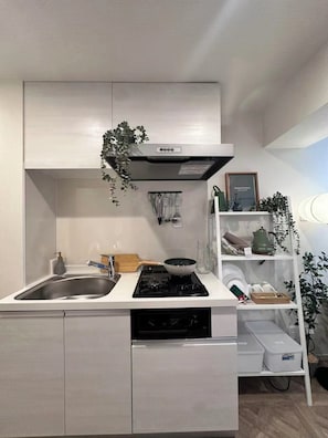 Eine moderne Küche mit eingebautem Herd, Spüle und einem weißen Schrank.