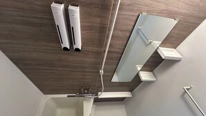 Ein modernes Badezimmer mit Holzboden, einer weißen Badewanne, einem Spiegel und zwei weißen Seifenspendern.