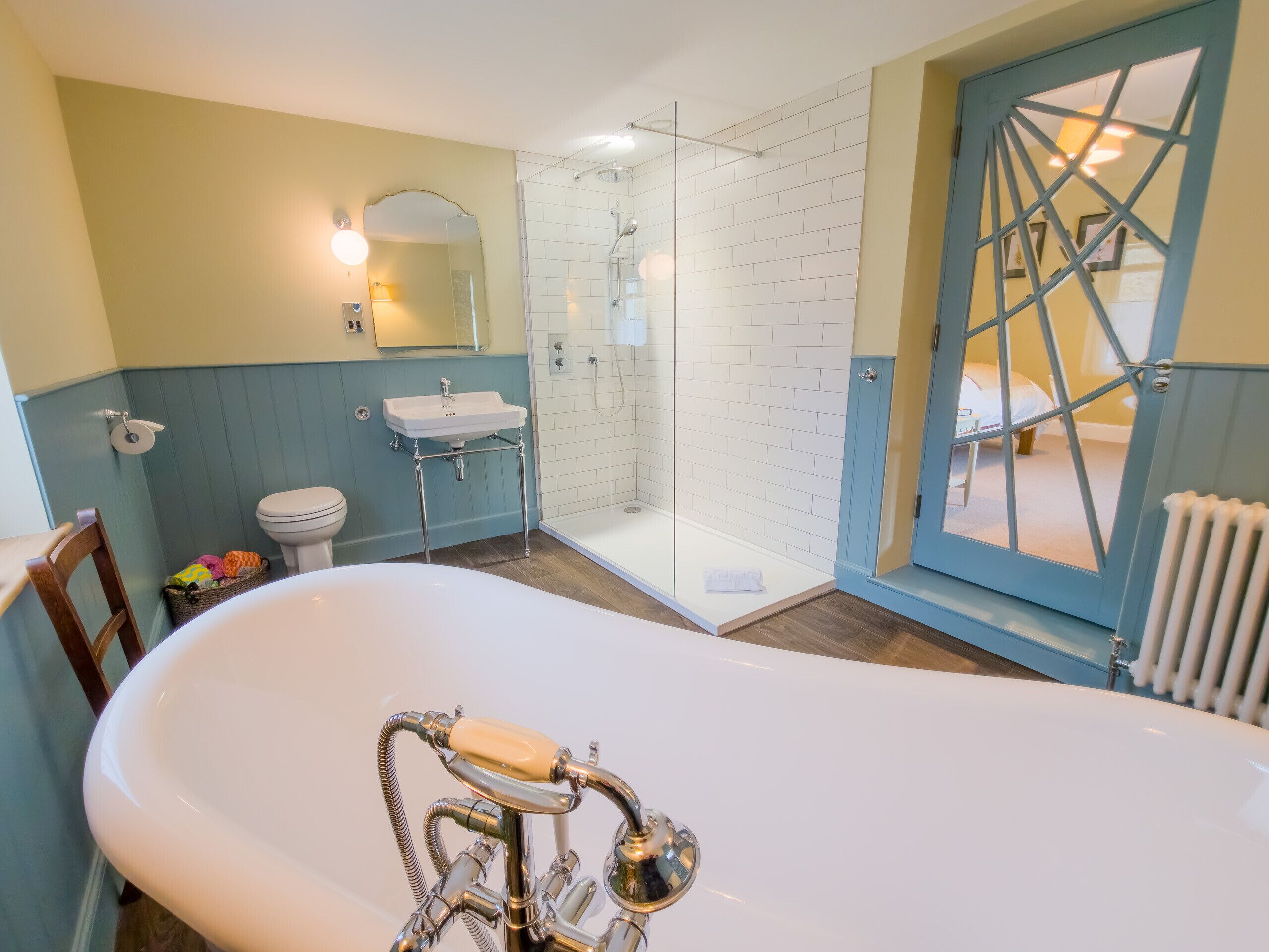 Shower, hair dryer, towels, toilet paper