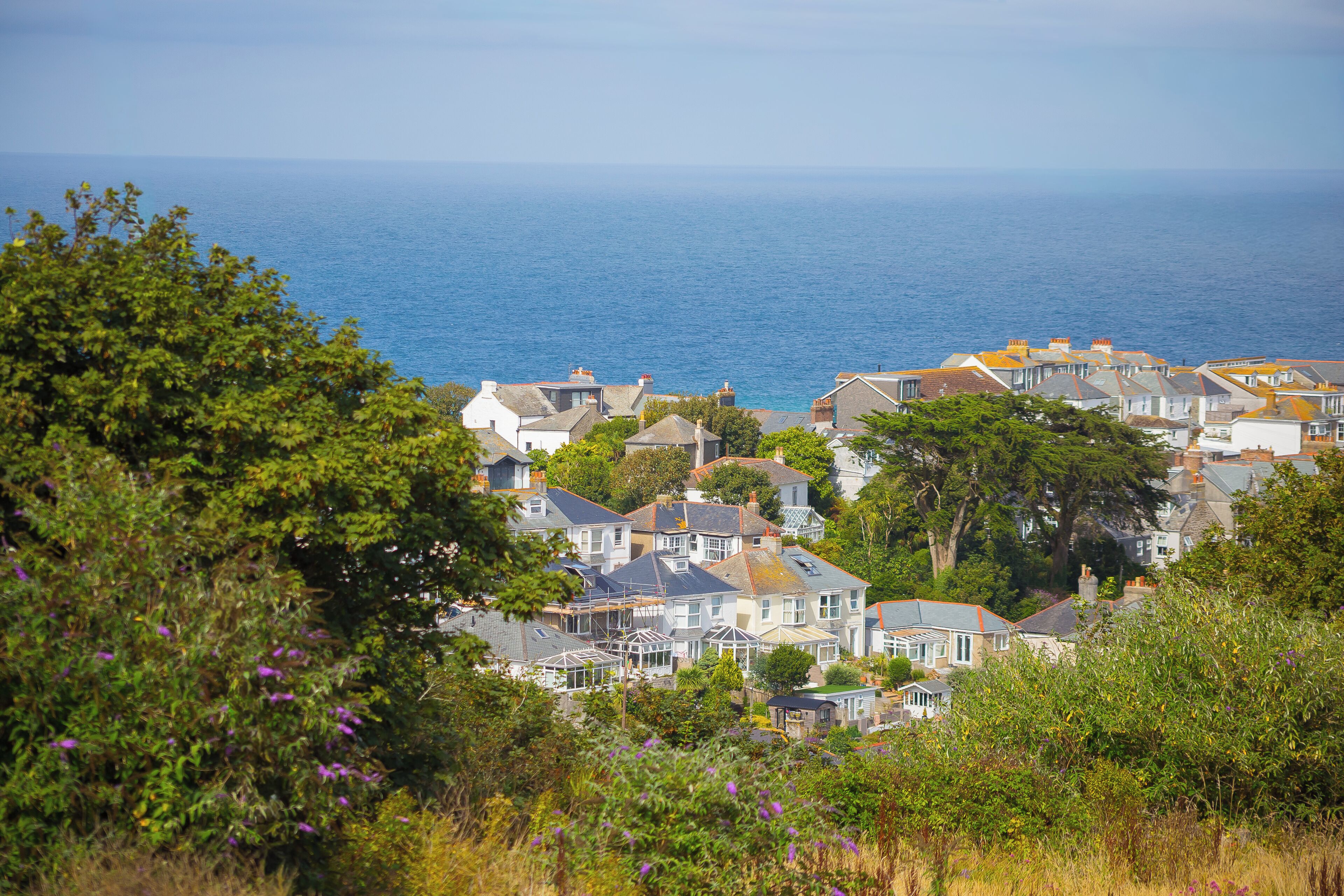 Una zona residencial costera con casas, árboles y vistas al mar.
