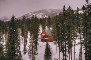 Eine Holzhütte, umgeben von hohen Kiefern und verschneitem Boden.