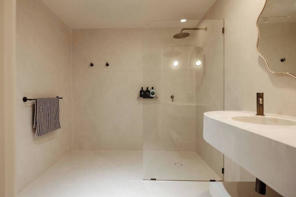 Shower, hair dryer, towels, shampoo