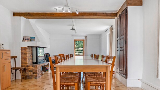 Un espace repas comprenant une longue table et des chaises, une cheminée et une vue sur l’extérieur.