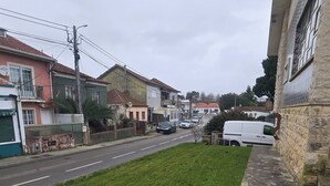 Eine Wohnstraße mit Häusern, einem Rasen und geparkten Autos.