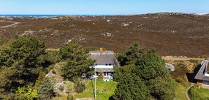 A thatched-roof house surrounded by dense greenery, with a clear view of the surrounding landscape and a distant body of water. - The Blue House in List on Sylt: Terrace, garden, and close to the beach—accommodates up to 3 people (List auf Sylt)