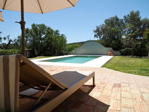 Ein Pool mit Liegestuhl und Sonnenschirm, umgeben von Rasenflächen und Bäumen.