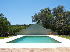 Ein rechteckiger Pool mit Fliesen umgeben von Grünpflanzen und einer Steinmauer.