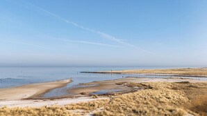 Paesaggio costiero con spiaggia sabbiosa, dune erbose e mare calmo.