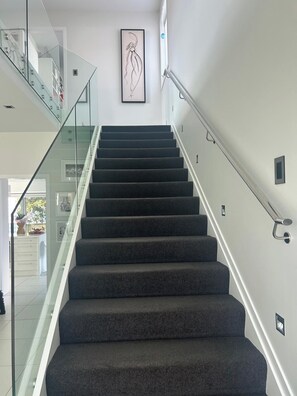 Un escalier moderne avec des rampes en verre et des marches recouvertes d’une moquette sombre.