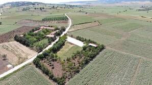 Vista aérea de uma paisagem rural com campos agrícolas, uma estrada sinuosa e vários edifícios com telhados vermelhos.