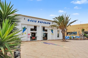 Ein Gebäude mit der Aufschrift 'Oasis Papagayo' und einem gefliesten Eingangsbereich.