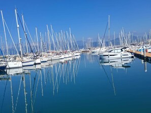 Ein Yachthafen mit zahlreichen Segelbooten, ruhigem Wasser und klarem Himmel.