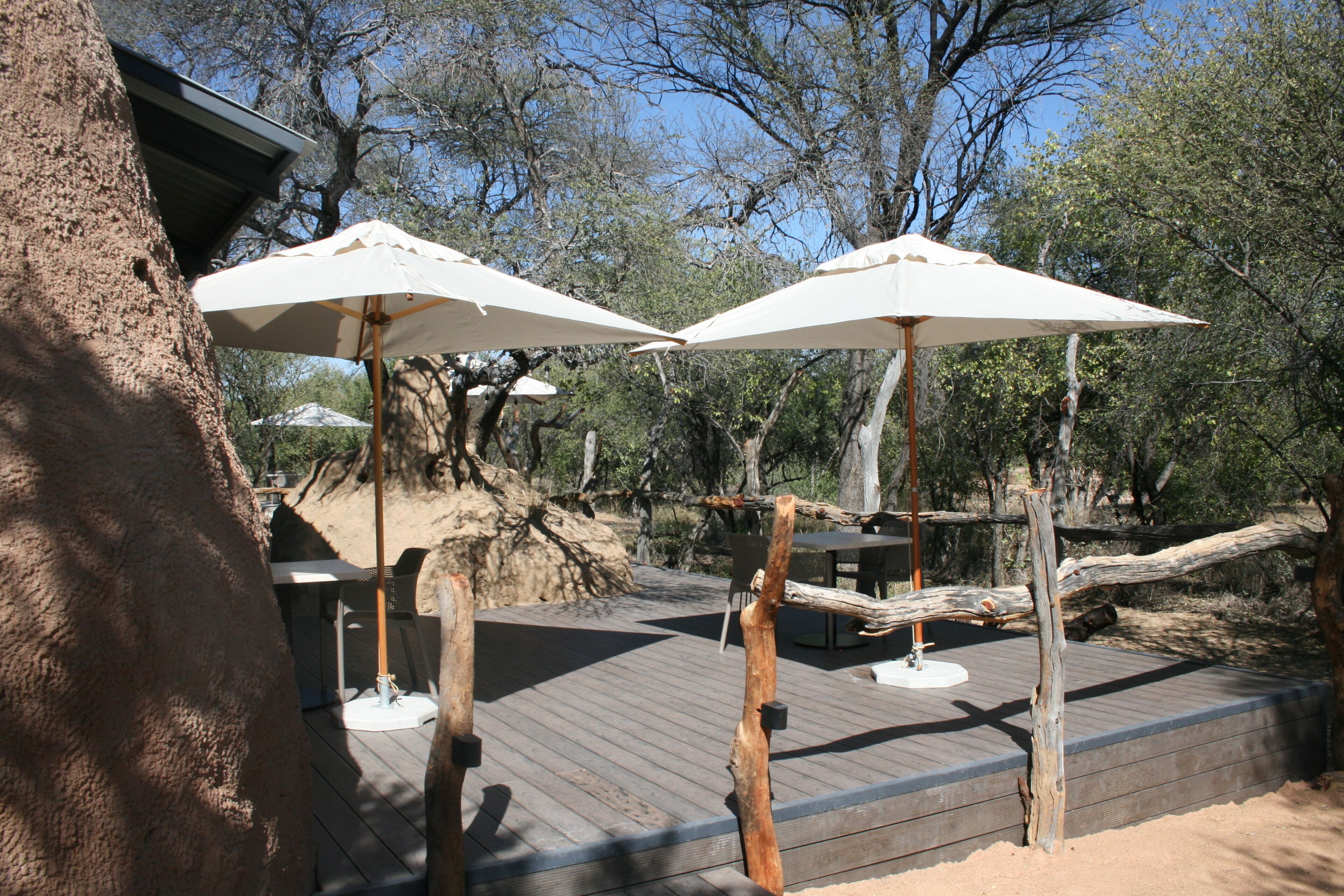 Una terraza de madera con mobiliario exterior y sombrillas, rodeada de árboles.