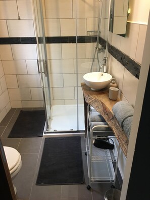 Ein Badezimmer mit Duschkabine aus Glas, einem weißen Waschbecken, einem Handtuchhalter und einem kleinen Spiegel.