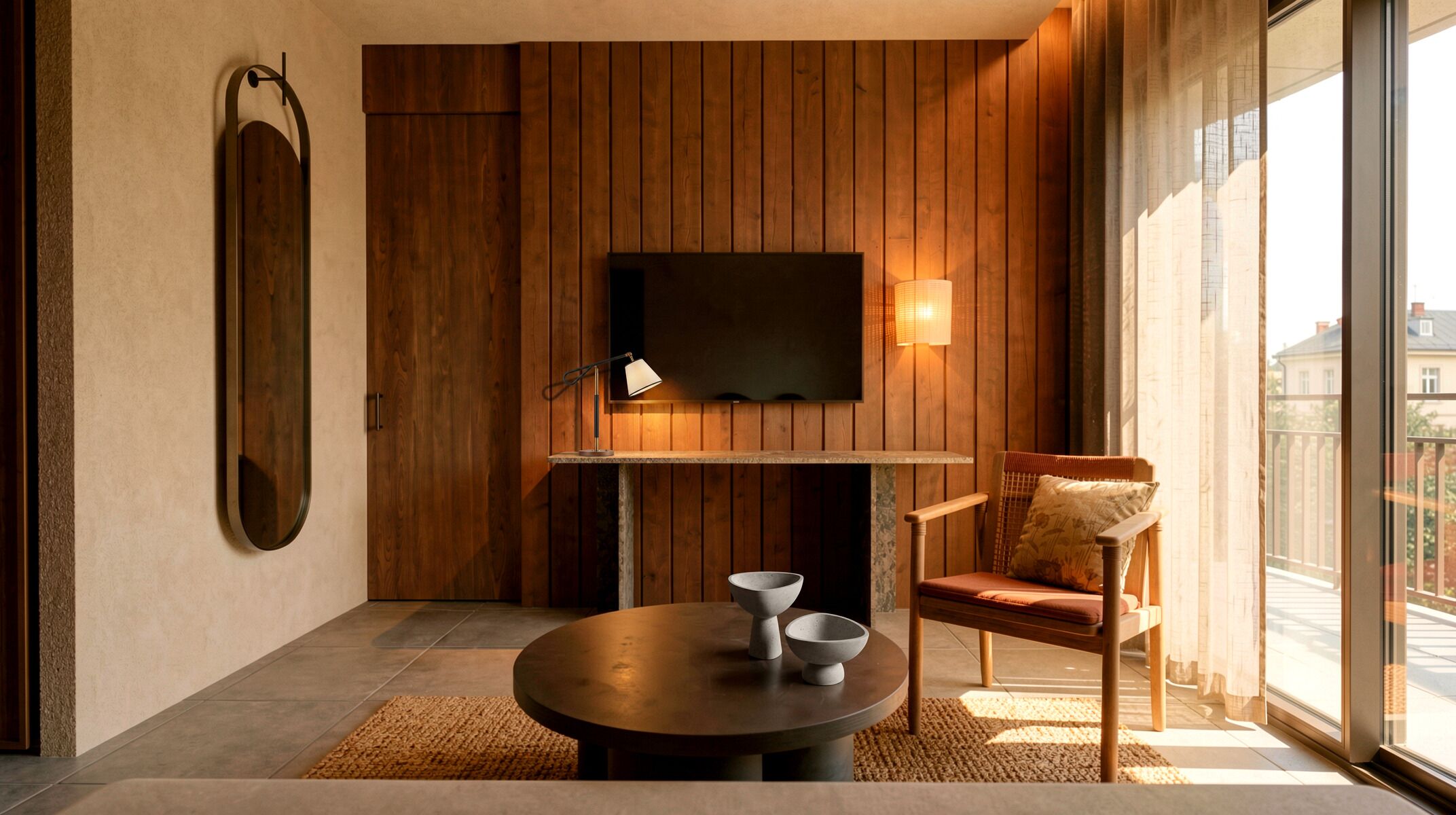 A modern room with a wooden panel wall, a flat-screen TV mounted above a fireplace, a round table with a bowl and candle, and a chair with a cushion.