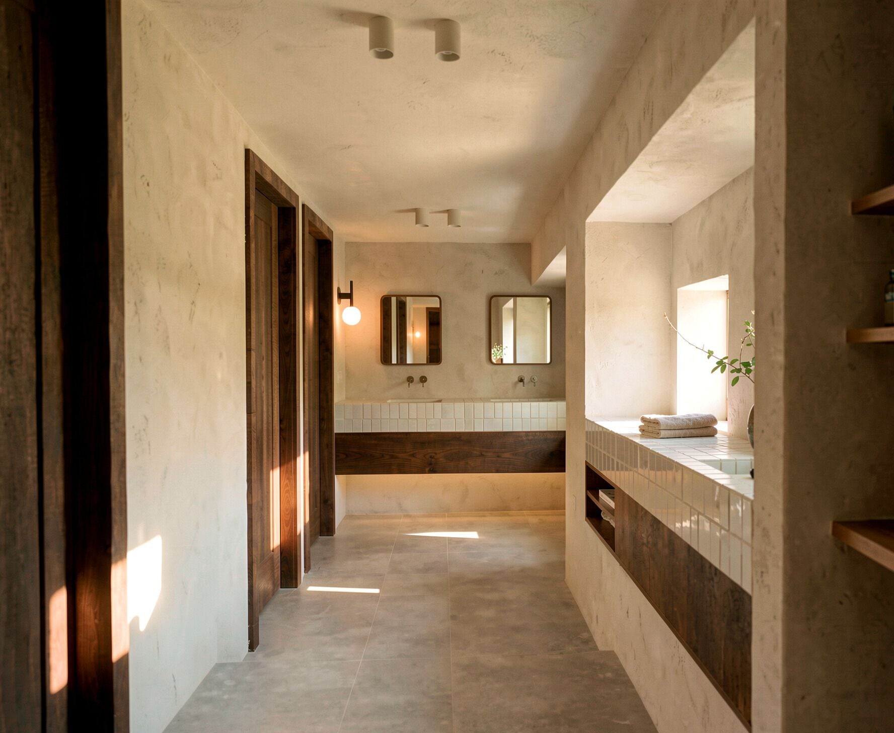 Un baño moderno con un espejo grande, un lavabo y una zona de ducha.