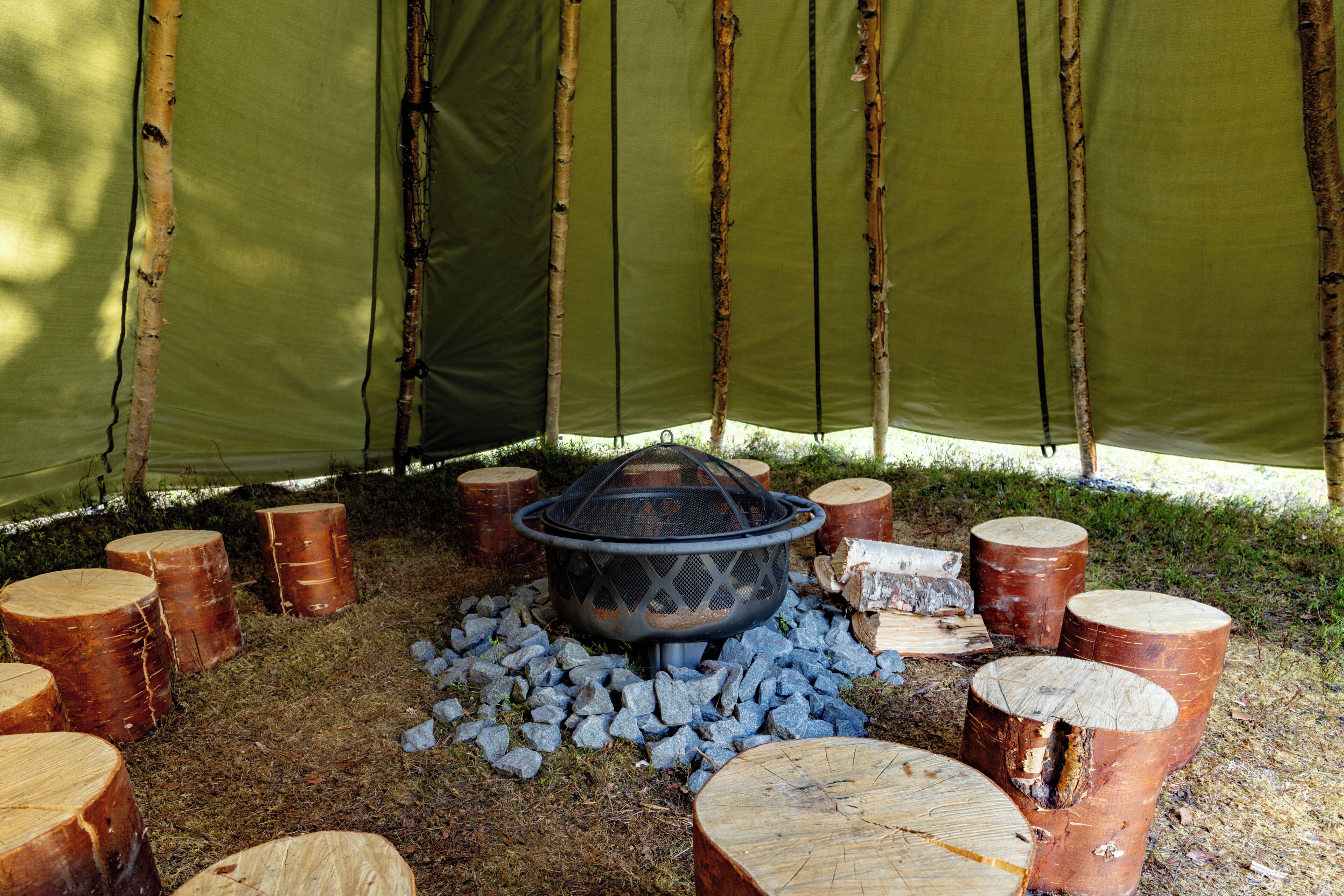 A fire pit surrounded by wooden logs and a green canopy.