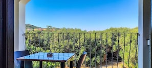 Ein Balkon mit Tisch und Stühlen mit Blick auf einen Weinberg.