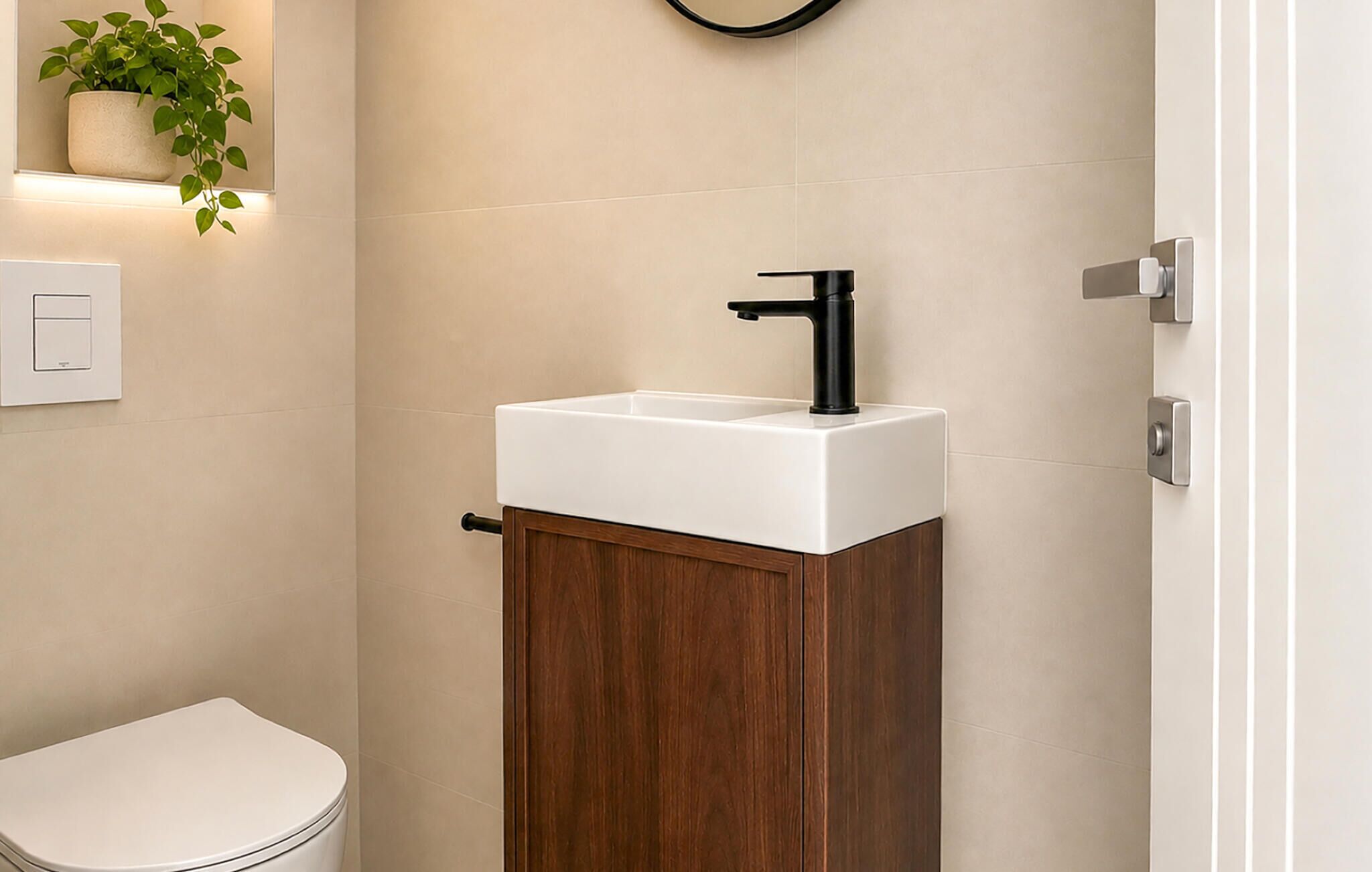 A bathroom with a white sink, wooden cabinet, and a toilet.