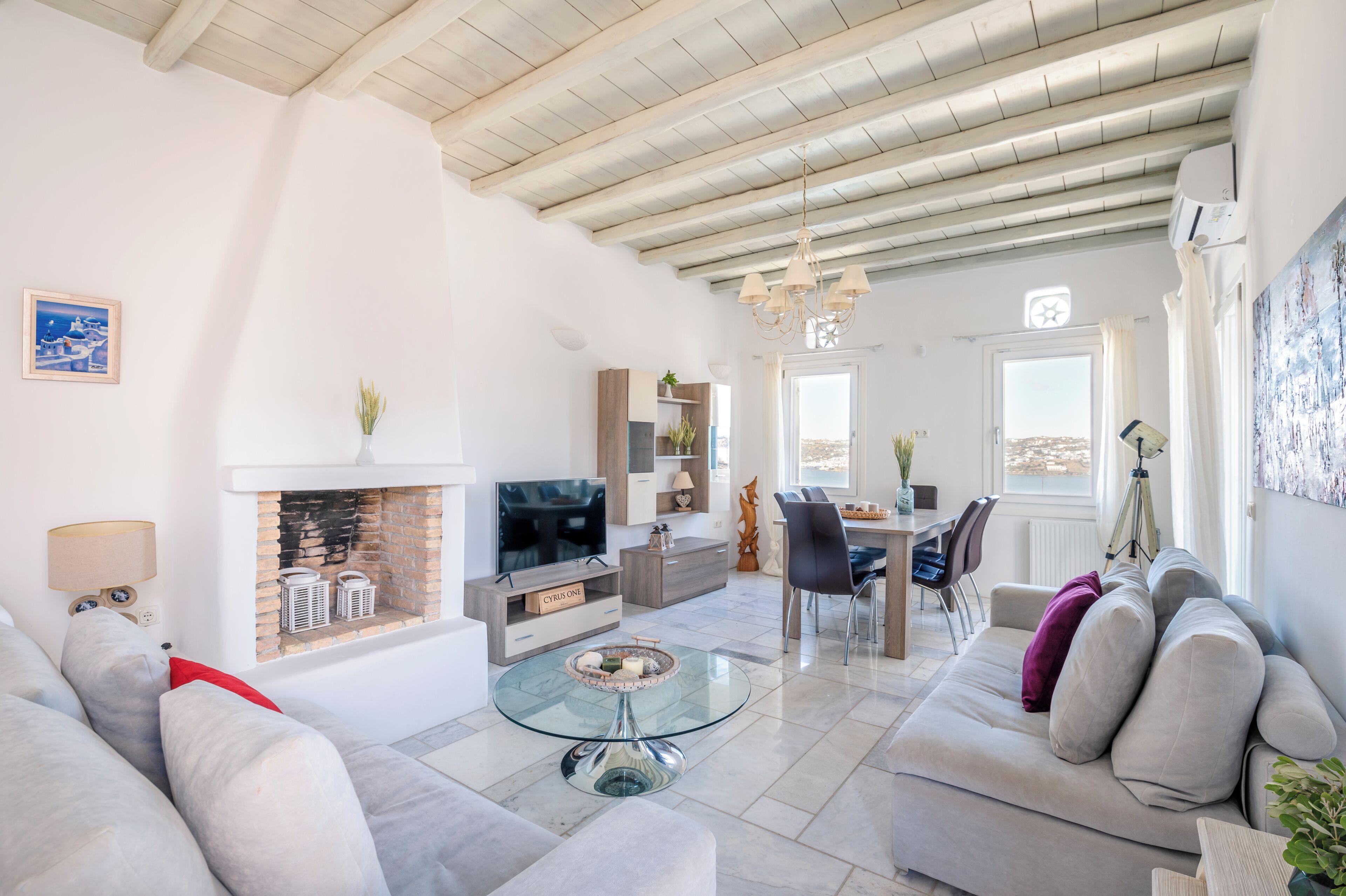 Luxury Villa, Private Pool, Sea View | Living area | 45-inch Smart TV with cable channels, fireplace