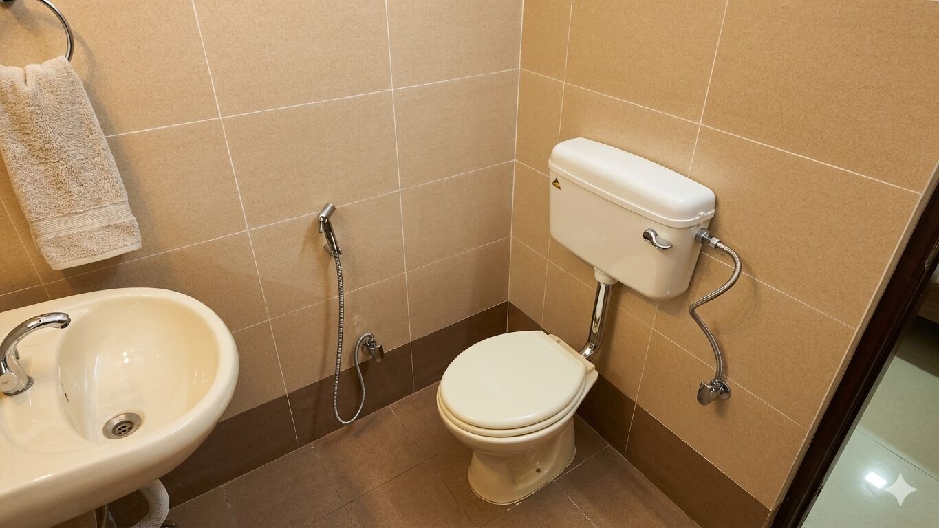 A bathroom with a toilet, bidet, and sink.