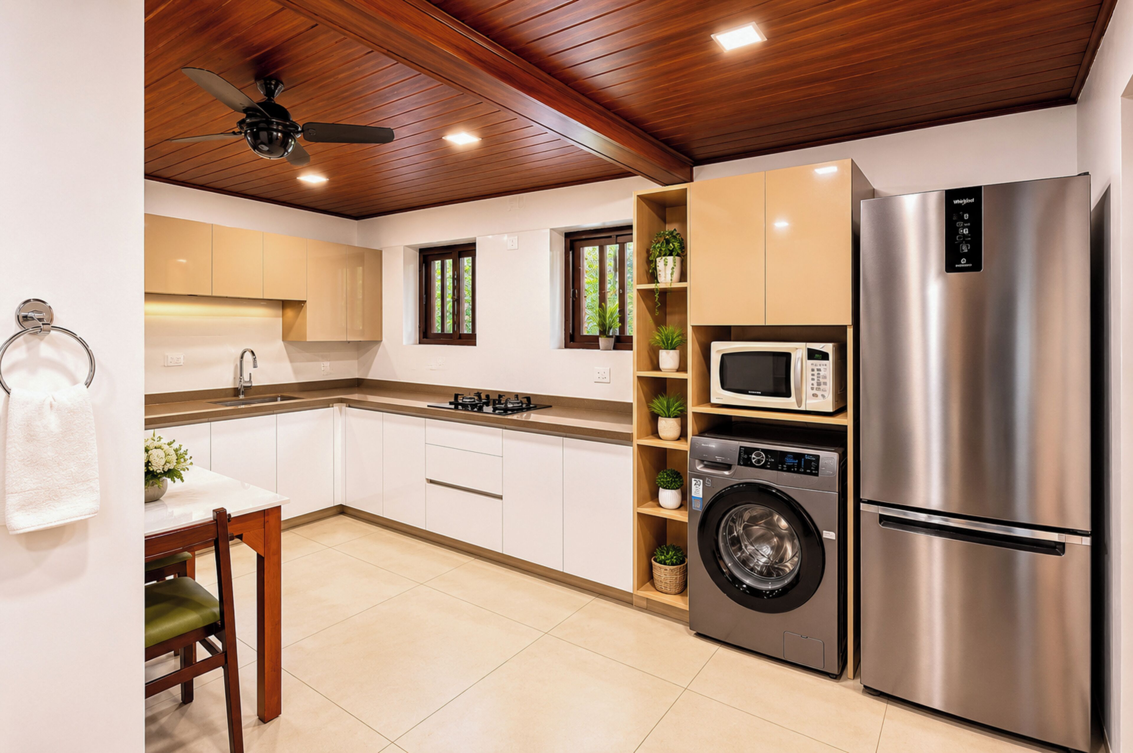 Una cocina moderna con un refrigerador de acero inoxidable, microondas integrado y lavadora.