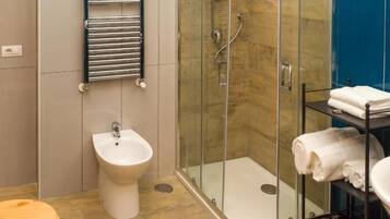 Executive | Bathroom | Shower, rainfall showerhead, hair dryer, bathrobes