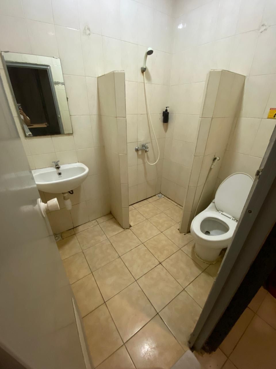 A small bathroom with a toilet, sink, and shower.