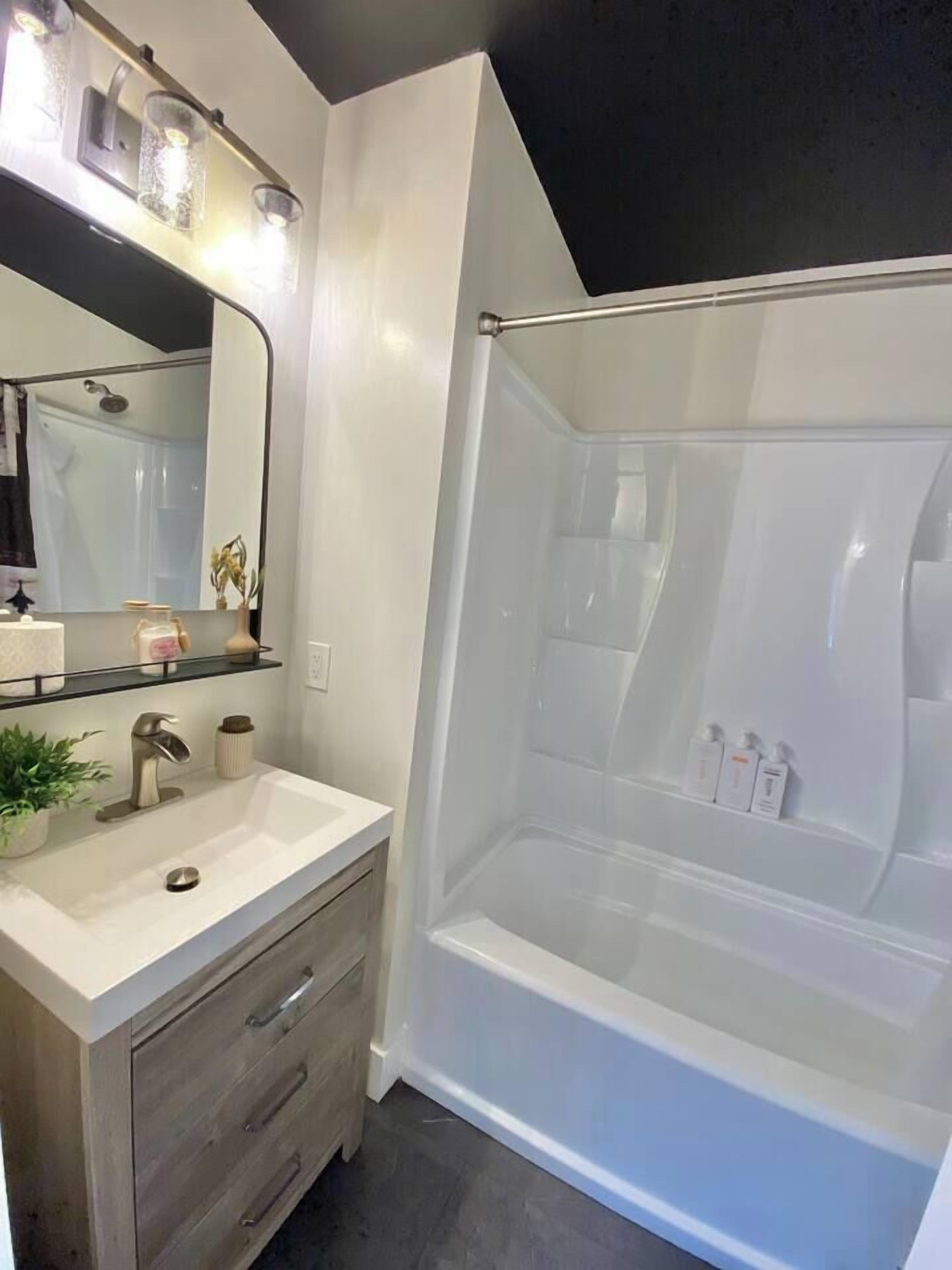 Hair dryer, towels, soap, shampoo
