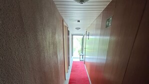 Een gang met een rood tapijt, houten wanden en een plafondlamp.