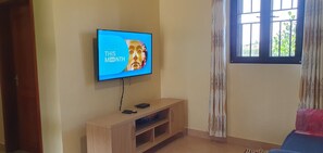 Sala de estar com televisão na parede, um móvel de entretenimento de madeira embaixo, uma janela com cortinas e uma porta à esquerda.