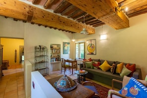 A cozy living room with a wooden ceiling, a sofa with colorful cushions, a bookshelf, and a dining area with chairs. -  Chianti country retreat 10 pax (Radda in Chianti)