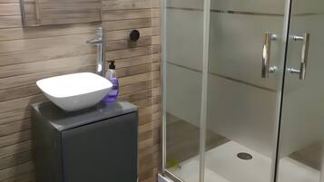 Shower, hair dryer, towels