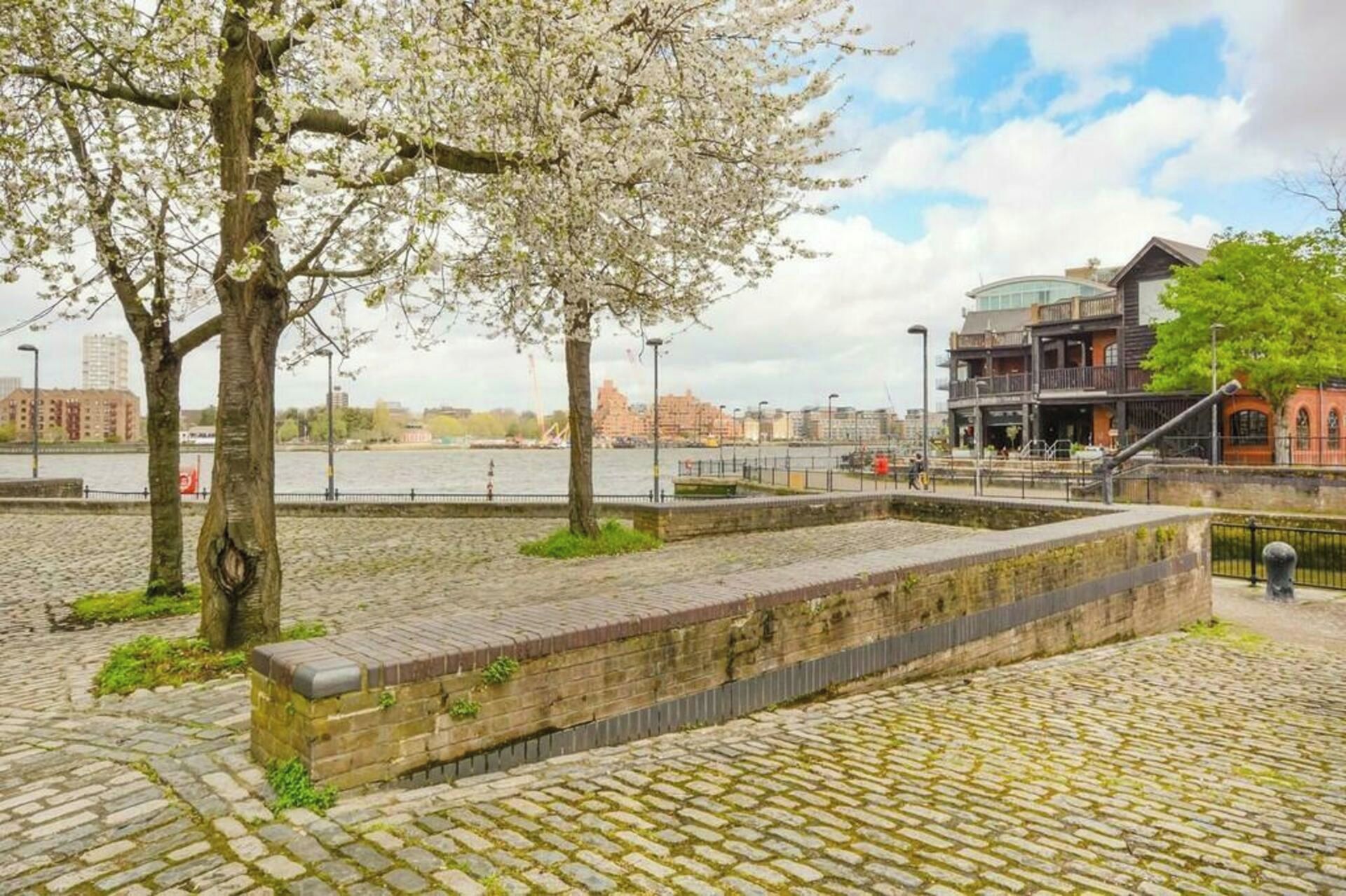 Un paseo ribereño con pavimento de piedra, un árbol con flores blancas y un edificio con fachada de vidrio al fondo.