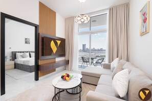 Apartemen Deluks, balkon, pemandangan kota | Area keluarga