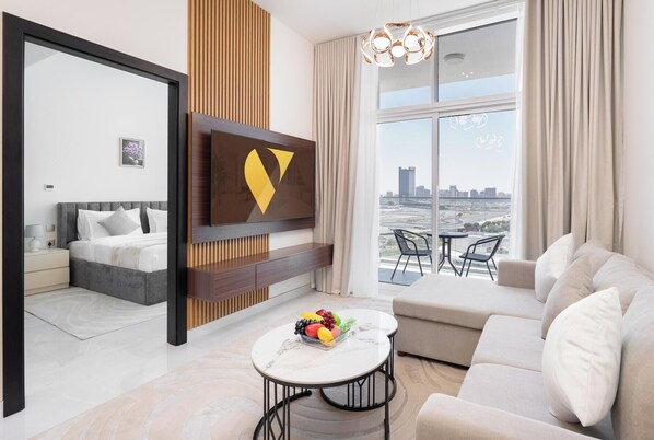 Deluxe Apartment, Balcony, City View | Living area - Vogue | Skyz by Danube near Dubai Miracle Garden (Dubai)