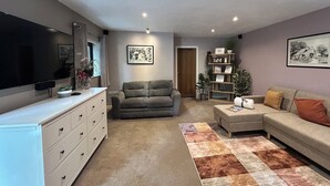 A living room with a flat-screen TV, a grey sofa, a white cabinet, and a bookshelf with plants.