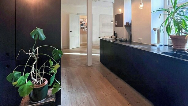 Una cucina moderna con pavimento in legno, illuminazione a sospensione e una pianta in vaso.