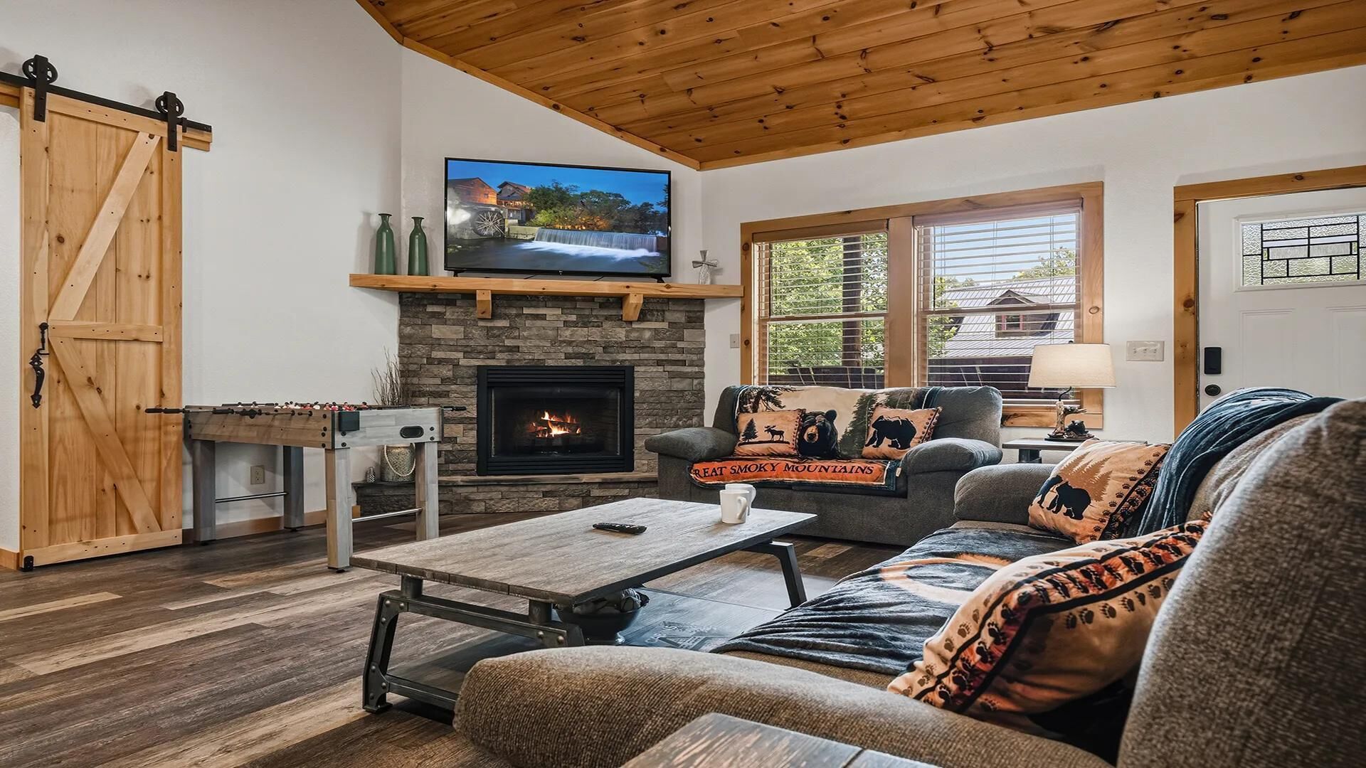 Smart TV, fireplace, foosball