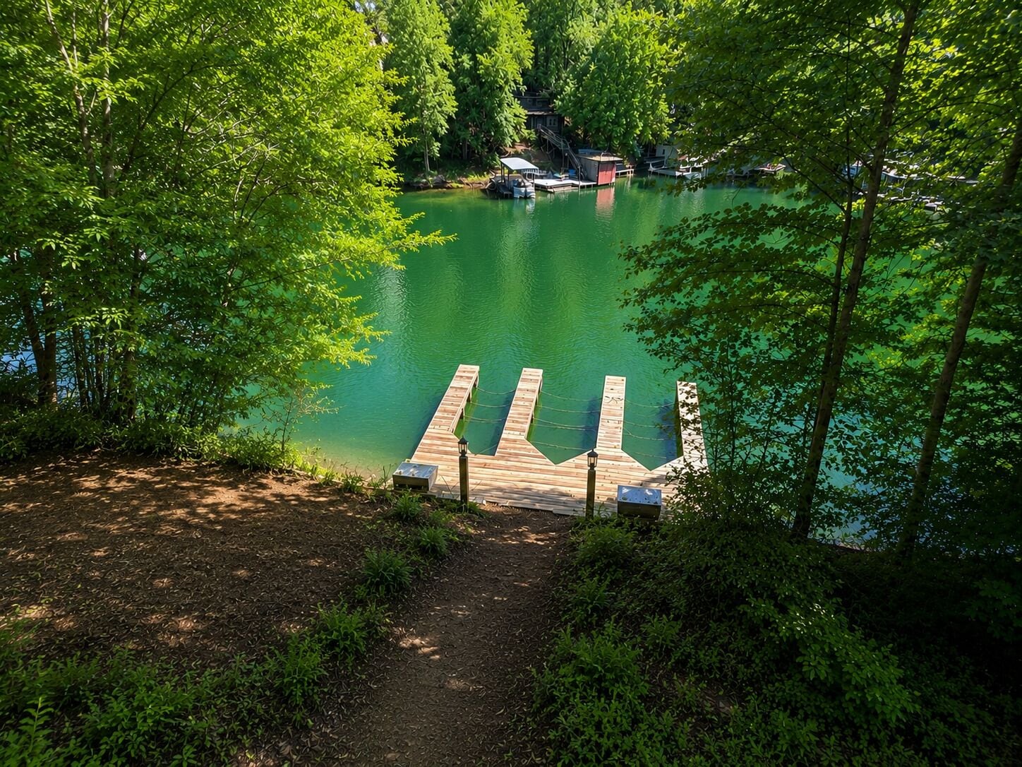 Un molo in legno si protende in un lago circondato da alberi fitti.