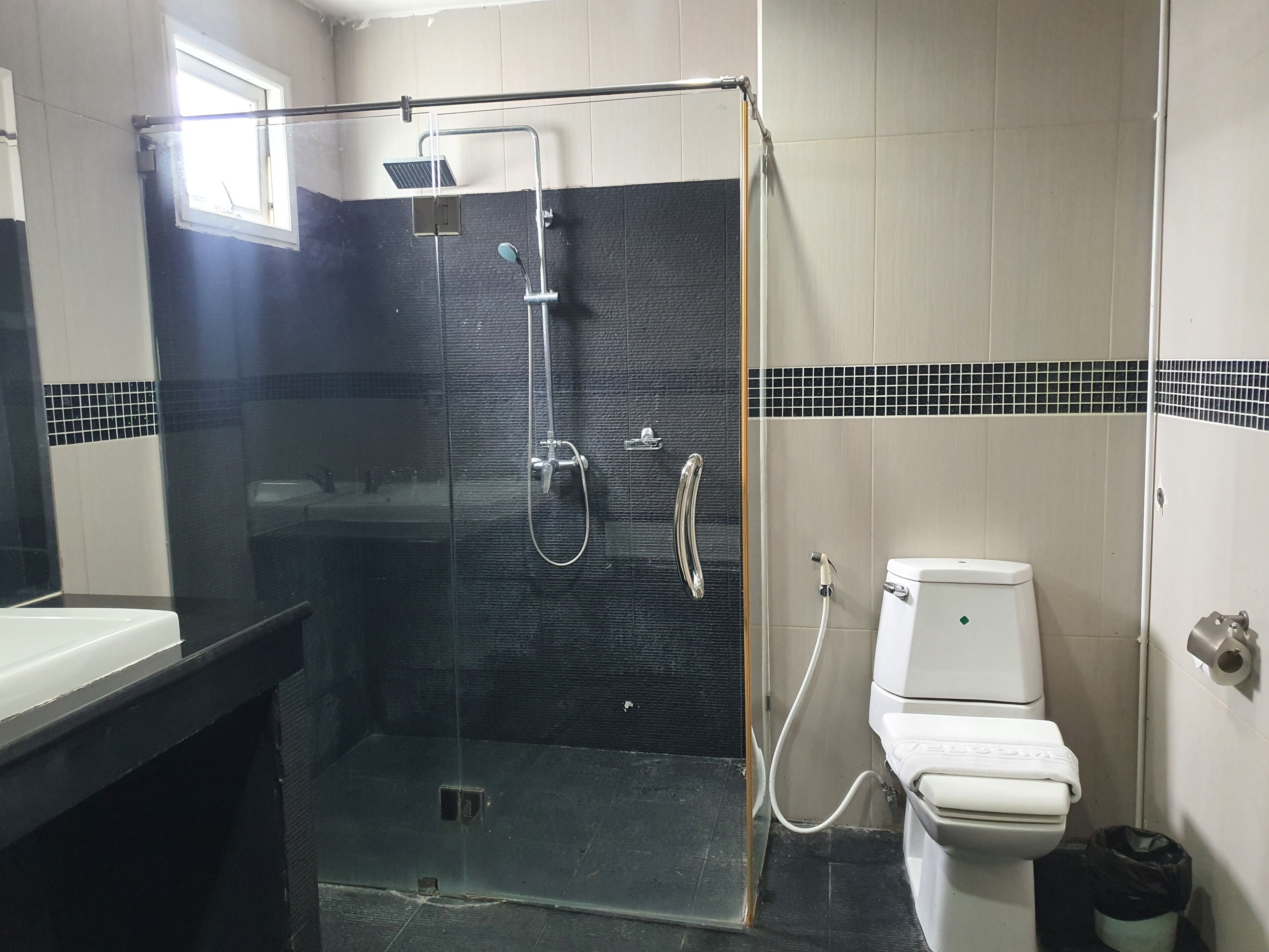 Un baño con ducha de mampara de vidrio, inodoro blanco y lavamanos.