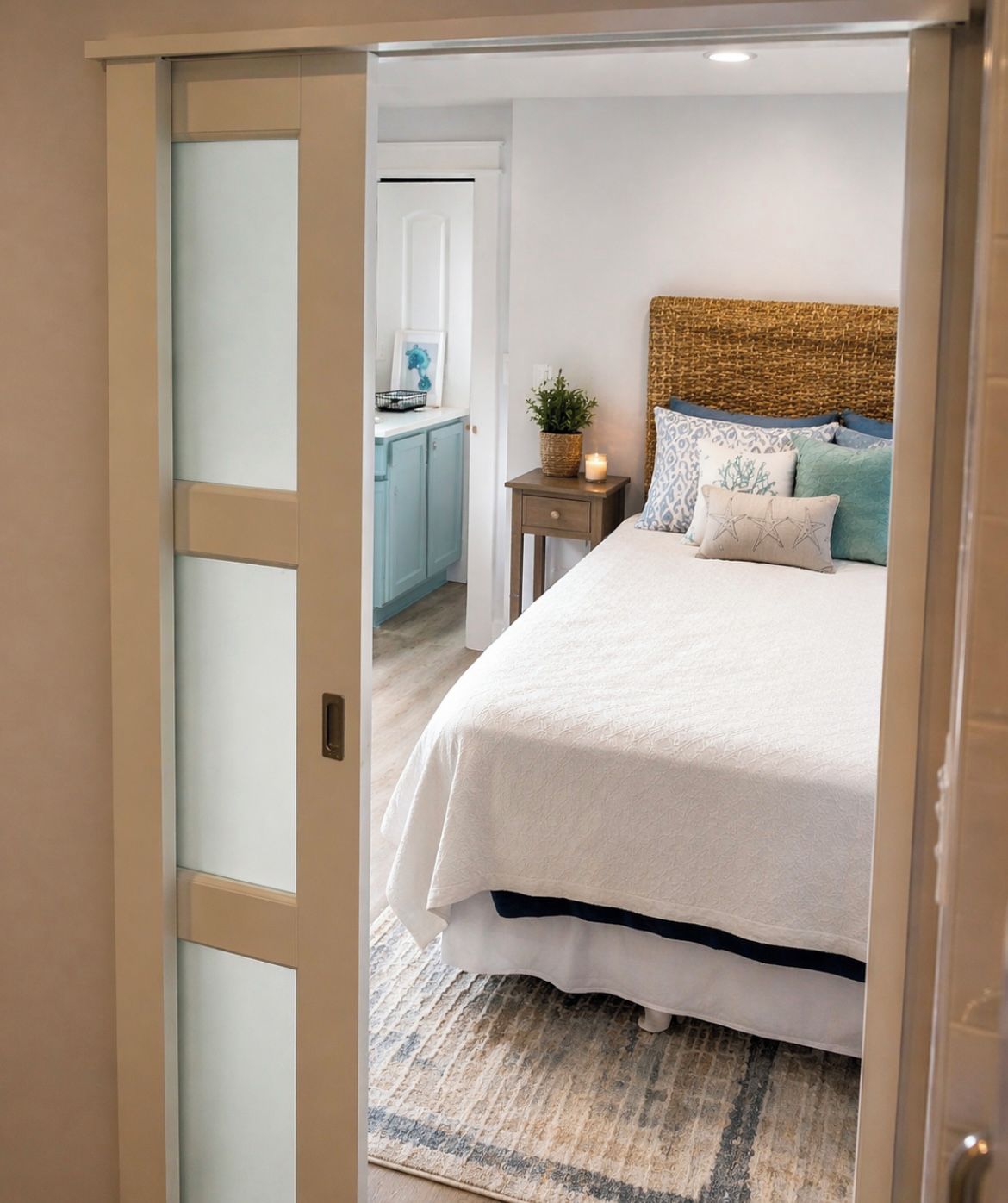 A bedroom with a bed, a bedside table, a nightstand, a lamp, and a door leading to a bathroom.
