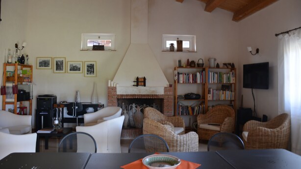 A living room with a fireplace, bookshelves, and a television. - Agriturismo Arona (Aidone)