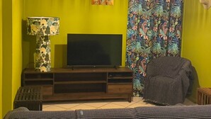Una habitación con televisión sobre un soporte de madera, una lámpara estampada, una silla y una cortina con motivos tropicales.